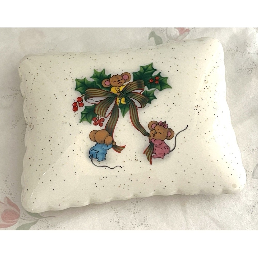 Vtg Christmas Covered Candy Dish w/Mice Glitter Handmade Kitsch Ceramic 1980's - Picture 6 of 12